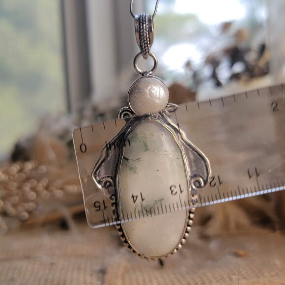 Ethereal White Moss Agate Pendant, Sterling Silver Necklace With Pearl - Picture 4 of 8